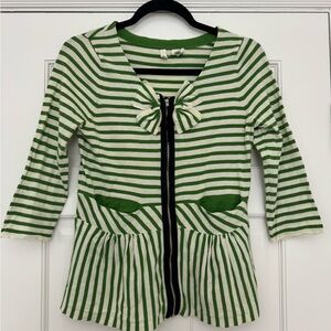 MOTH for Anthropologie Green and White Striped Peplum Zip-Front Sweater, Size M